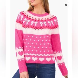 NWT XL CeCe Pink Heart Bow Fair Isle Sweater